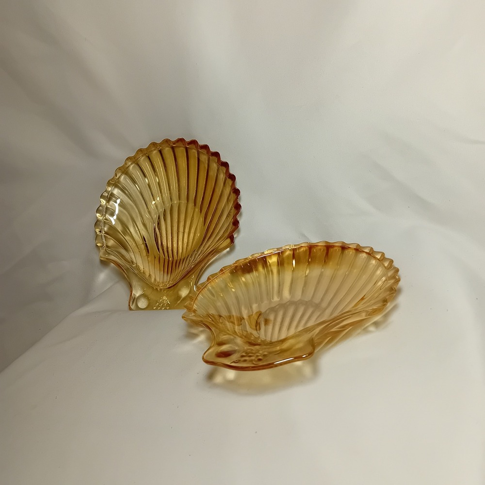 Set 2 Jeanette Marigold Carnival Glass Clam Seashell Trinket Dish Candy Tray - Picture 3 of 10